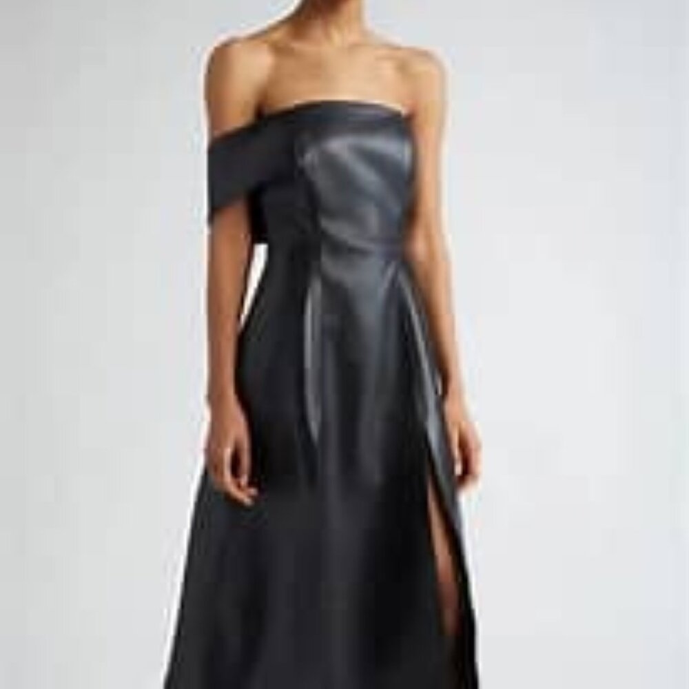 Israella Kobla New Simphi Black One Shoulder Faux Leather Midi Dress Size 2